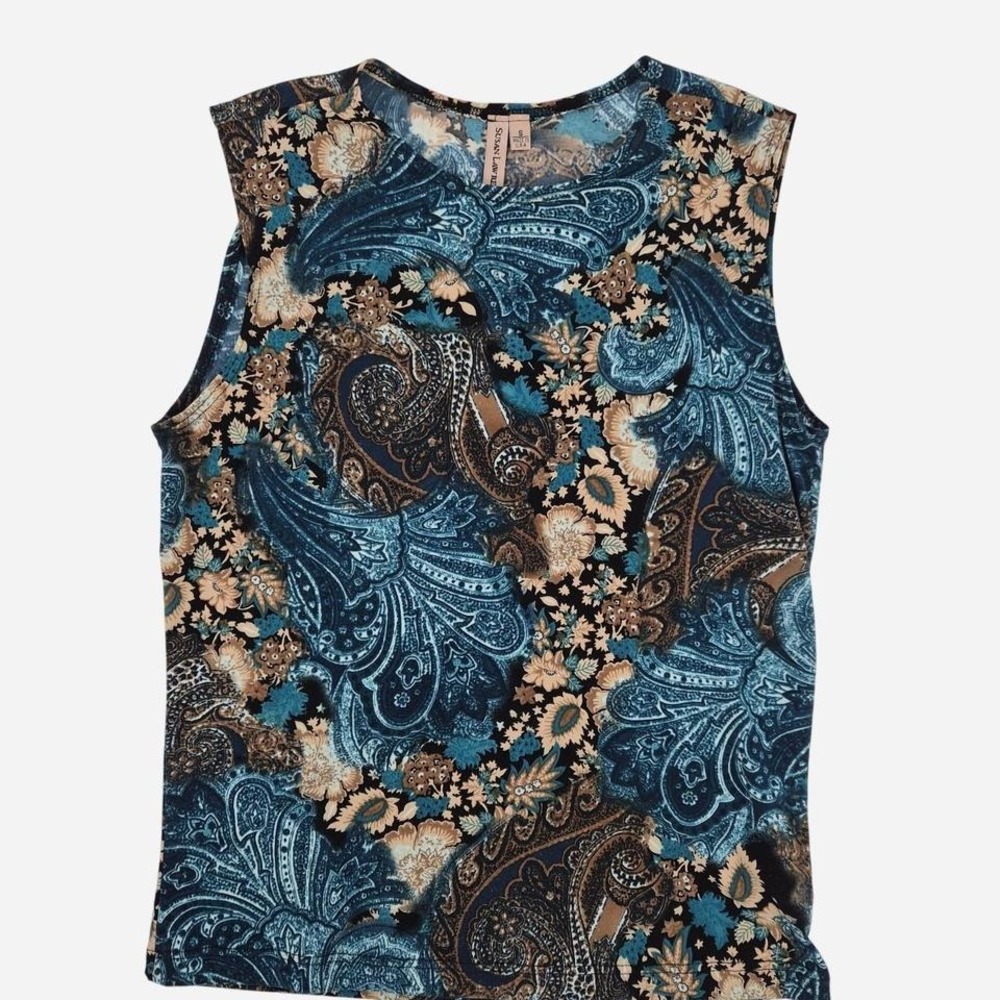 Y2K Susan Garver Teal Paisley Boho Tank Top Brown Earthy 2000s‎